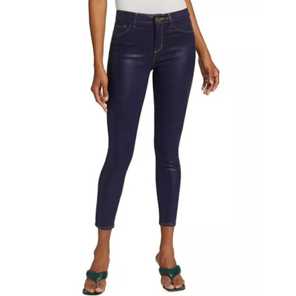 L'AGENCE 'Margot' Coated High-Rise Contrast-Stitch Skinny Jeans, Midnight/Gold - Picture 1 of 4